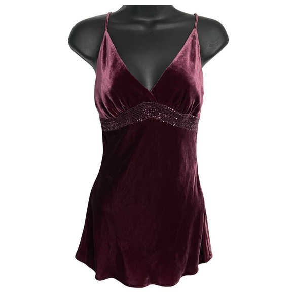 Vtg Express Velvet Babydoll Tank Top Womens XS Wine Sequined Coquette Boho 90s - Picture 1 of 10